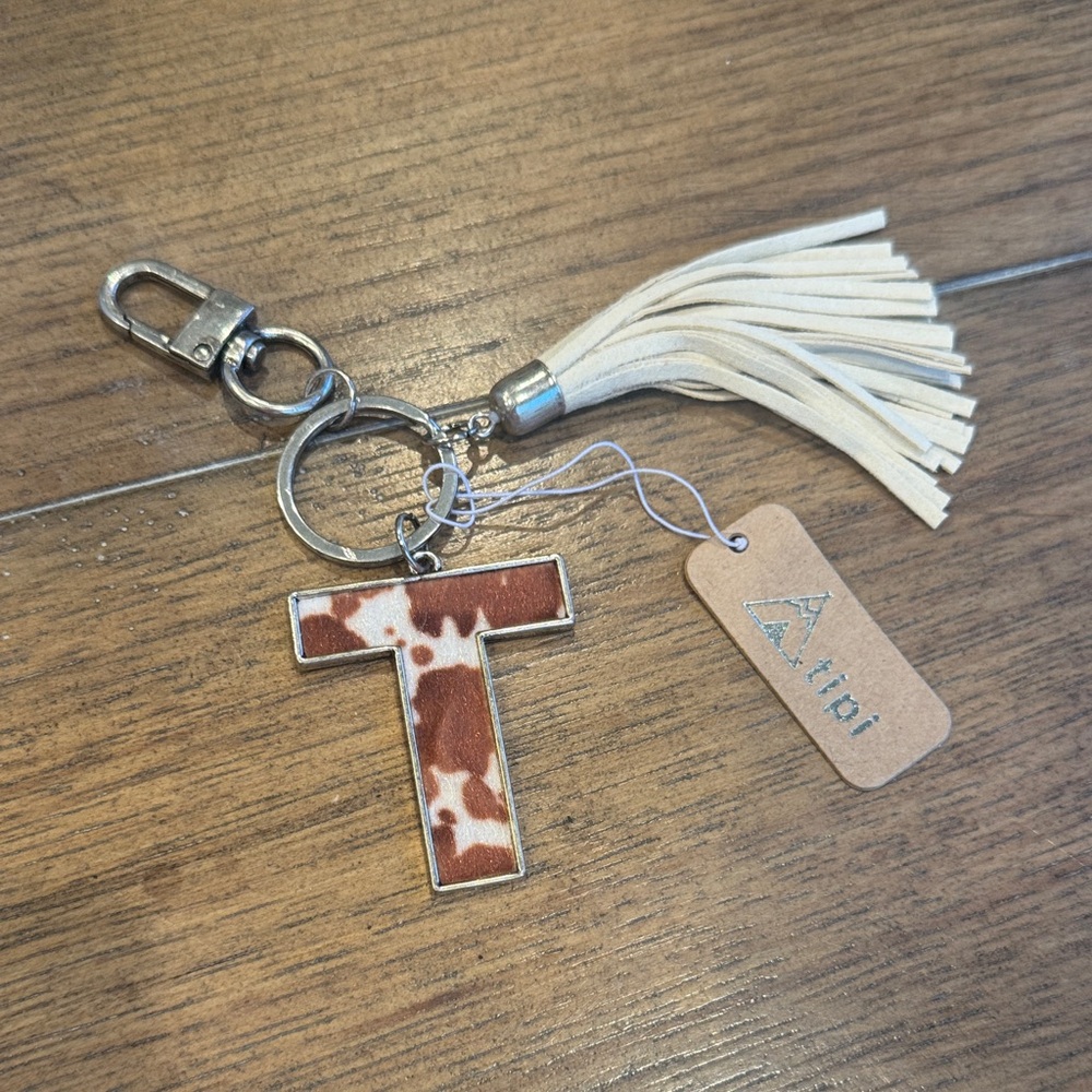 NWT White Tassel & Brown Cowhide 'T' Keychain Charm